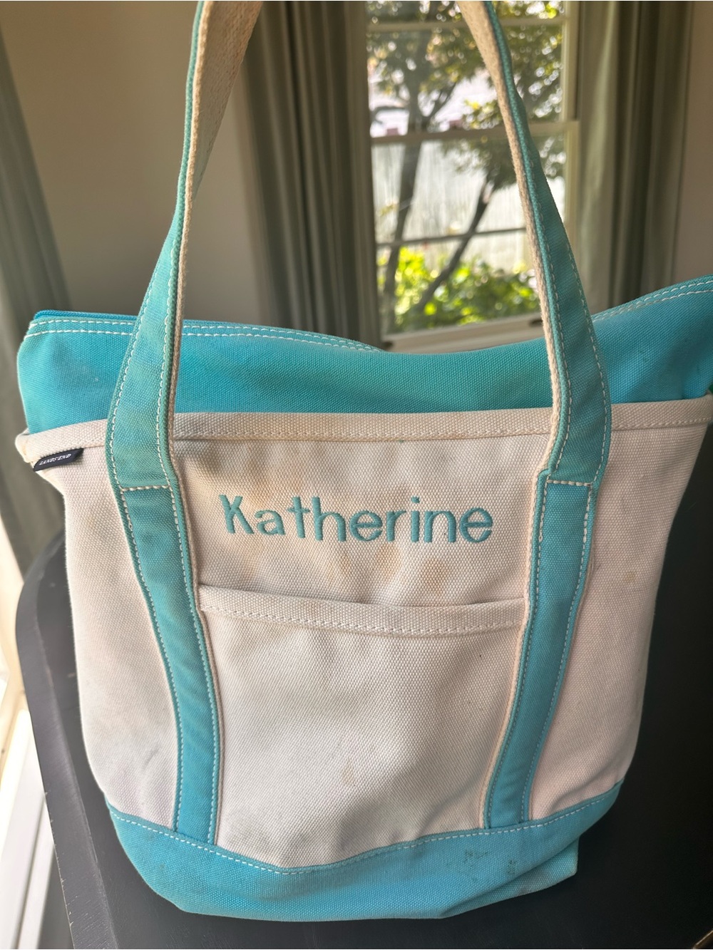 Lands' End Personalized Canvas Tote Bag Aqua Blue Open Top Cotton Beach Bag